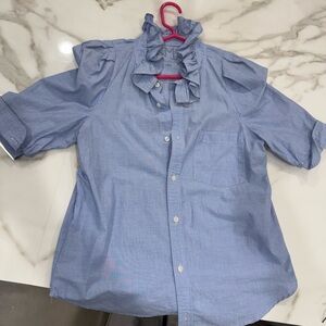 KMJ original. Pleat puff shoulder, ruffle collar and shorter sleeves